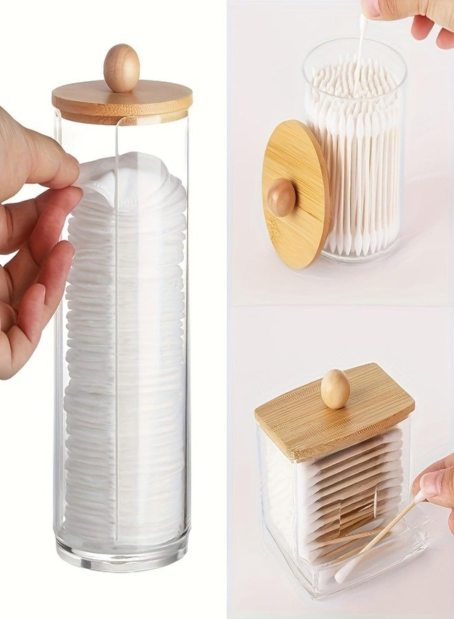 Soko 3 PC set Qtip Holder with Bamboo Lids | Clear Cotton Swab Storage Dispenser Jar | Makeup Vanity Countertop Cosmetic Organizer | Bathroom Canister Accessories for Ball, Round Pads, Floss, Earbud - Image 2